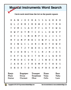 Musical instruments word search puzzle